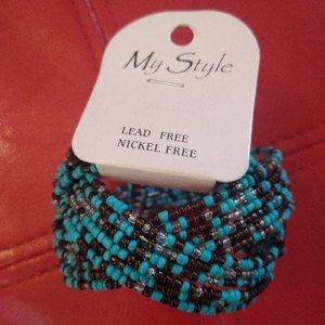 MY STYLE Turquoise Blue Beaded Metal Bracelet Cuff